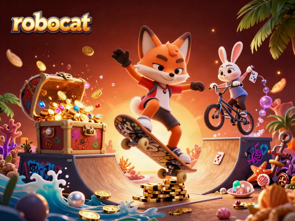 robocat spins a thrilling kickflip over poker chip ramp in a vibrant casino-themed scene