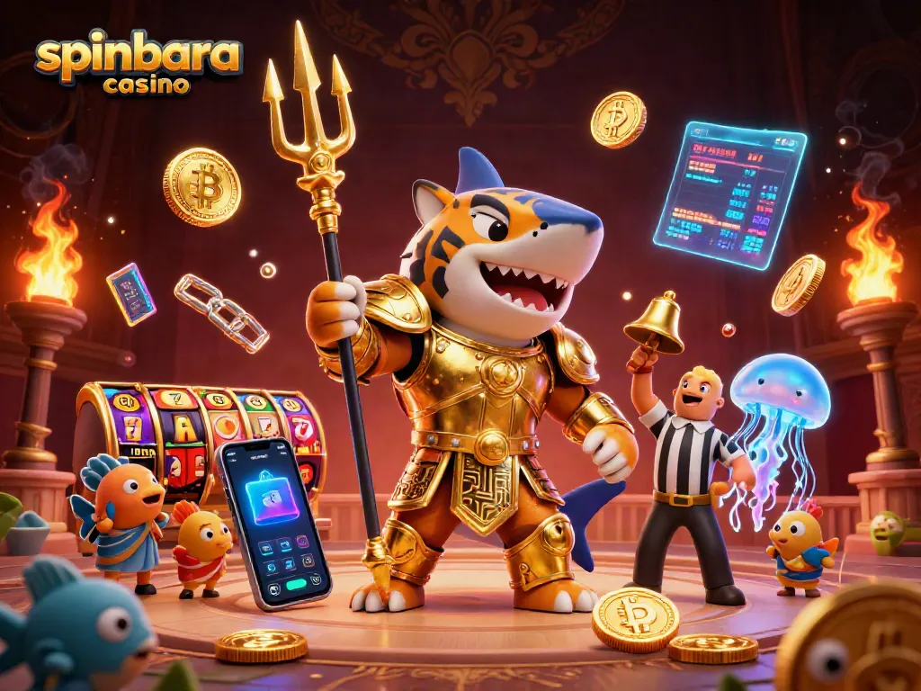 Spinbara casino's vibrant scene showcases a golden shark gladiator amidst a slot-themed underwater combat, enticing players.