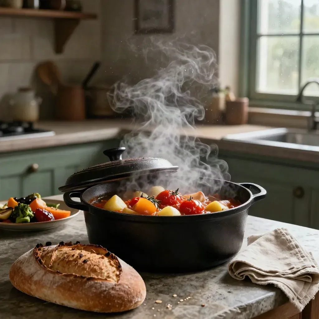 Cazuela de hierro con guiso humeante, pan y verduras asadas en cocina oscura.
