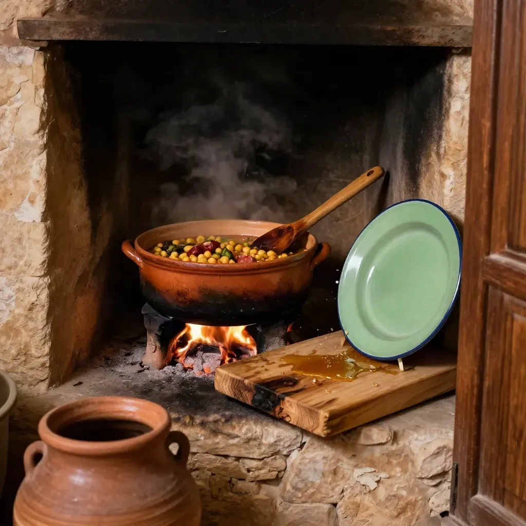 Guiso de garbanzos en cazuela de barro junto al fogón, con vapor y cuchara de madera.