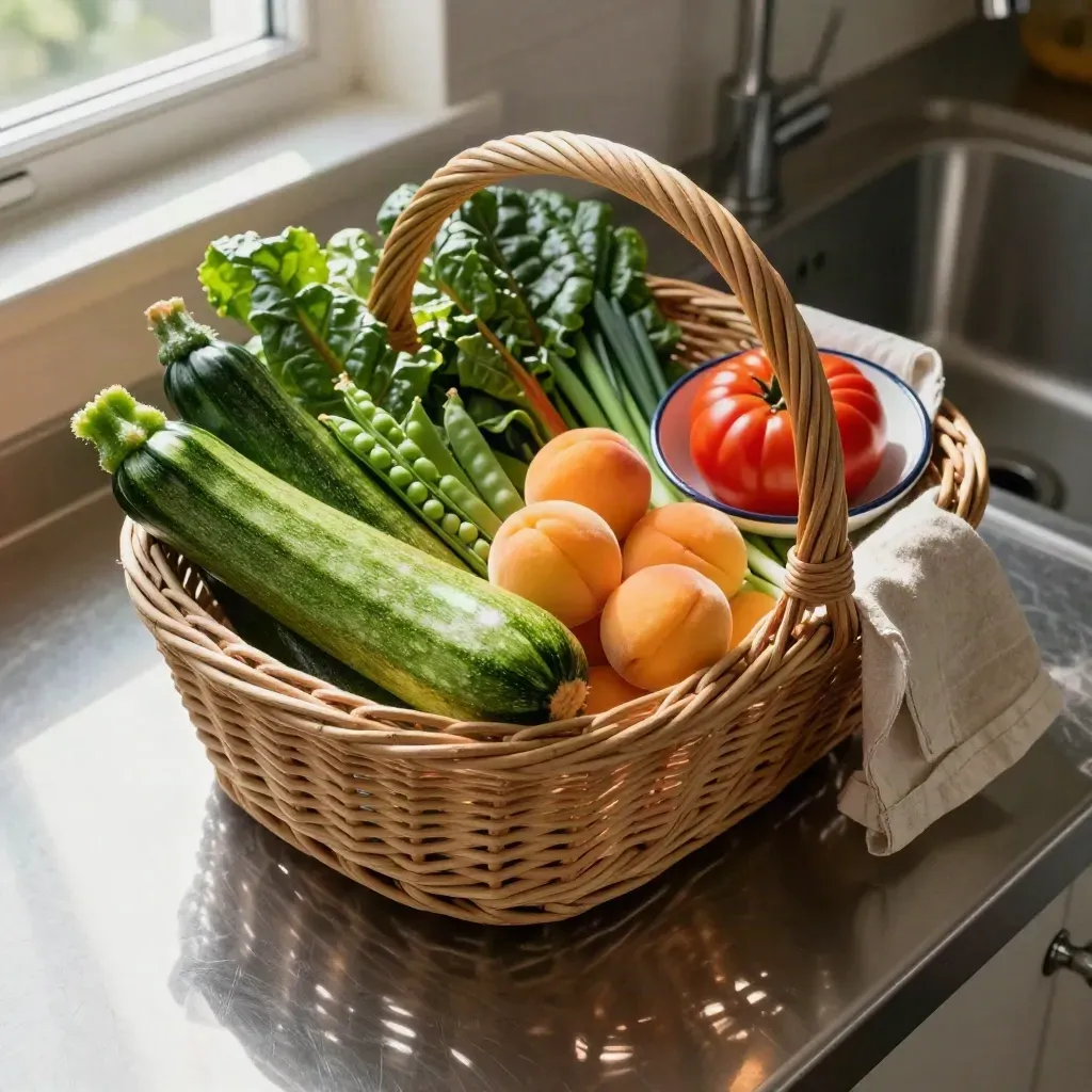 Cesta de mimbre con calabacines, albaricoques, acelgas, guisantes y cebolletas sobre encimera y fregadero.