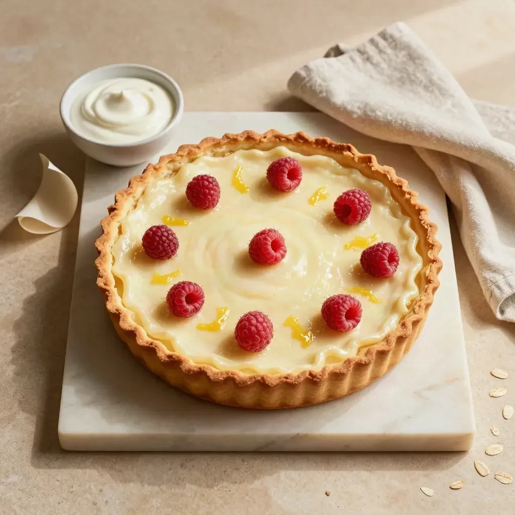 Tarta de yogur con frambuesas, ralladura de limón y cuenco de yogur sobre piedra clara.