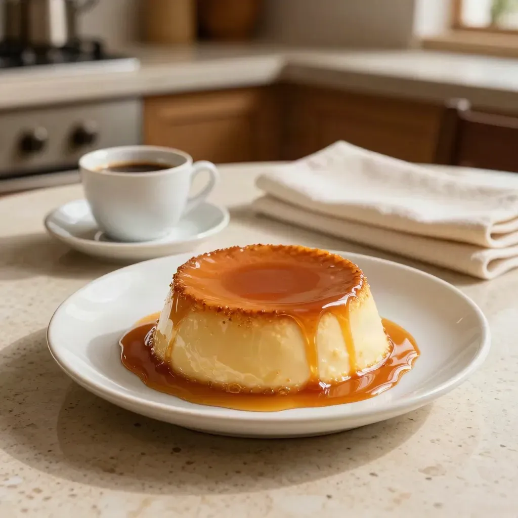 Flan casero con caramelo, café corto y servilletas de lino sobre mesa de travertino.