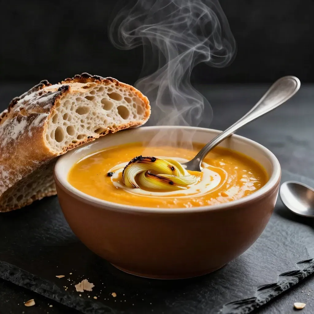 Cuenco de crema de calabaza humeante con pan rústico, cuchara y puerro asado.