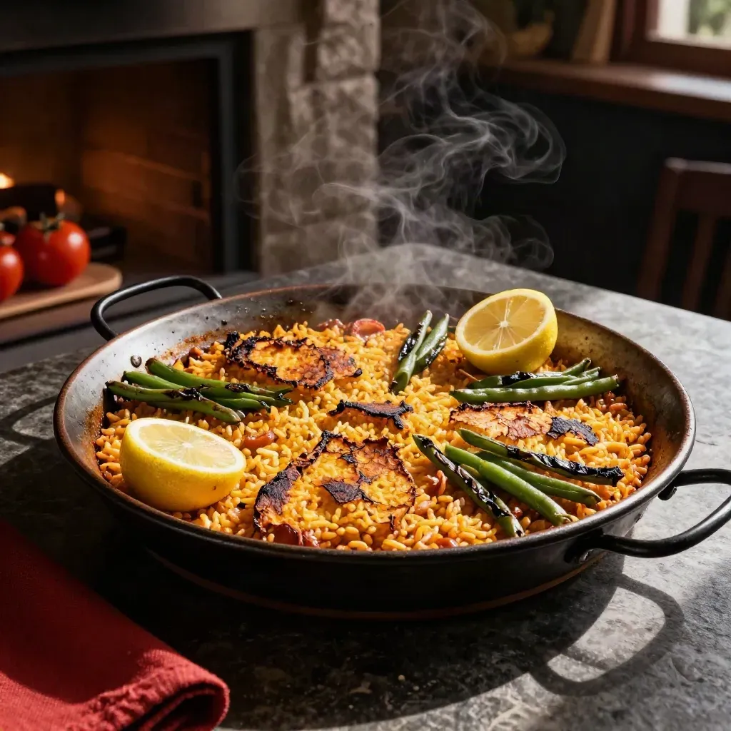 Paella al horno dorada con costra crujiente, limón y judías verdes en una fuente grande.