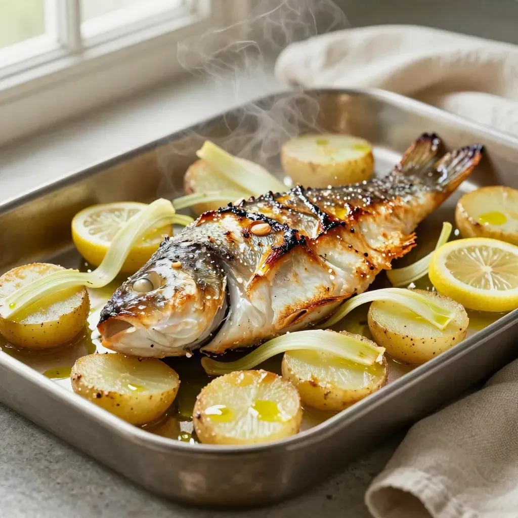 Lubina al horno con patatas, hinojo y limón en bandeja metálica, vista ligeramente cenital.