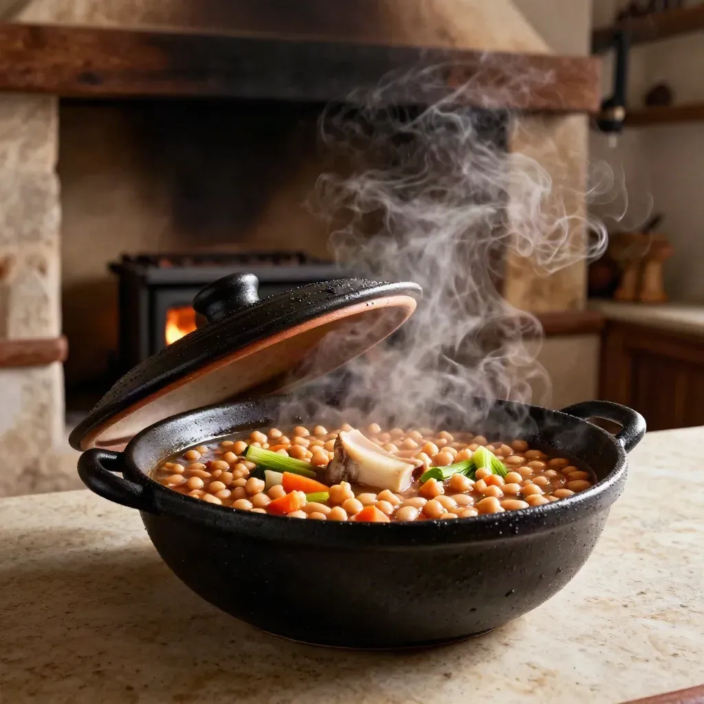 Olla de puchero humeante con garbanzos, alubias, verduras y hueso en una cocina rústica.