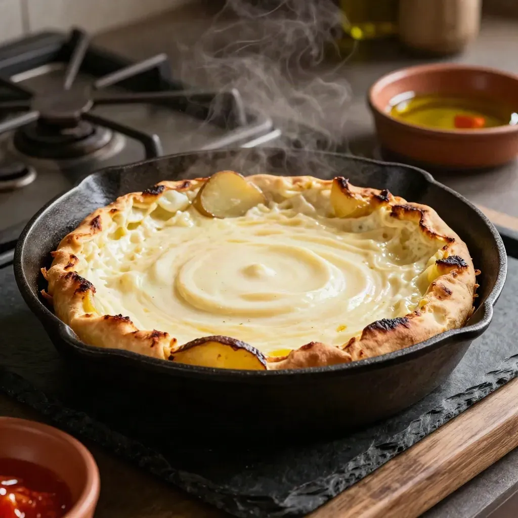 Tortilla española recién volteada en sartén de hierro, con centro cremoso y calor visible.