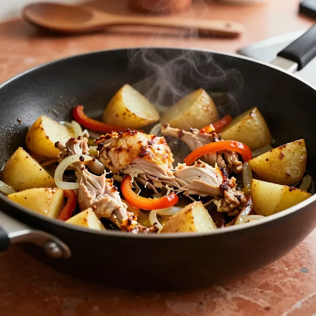 Salteado de sobras con pollo, patatas, pimiento y cebolla, con vapor en una cocina cálida.