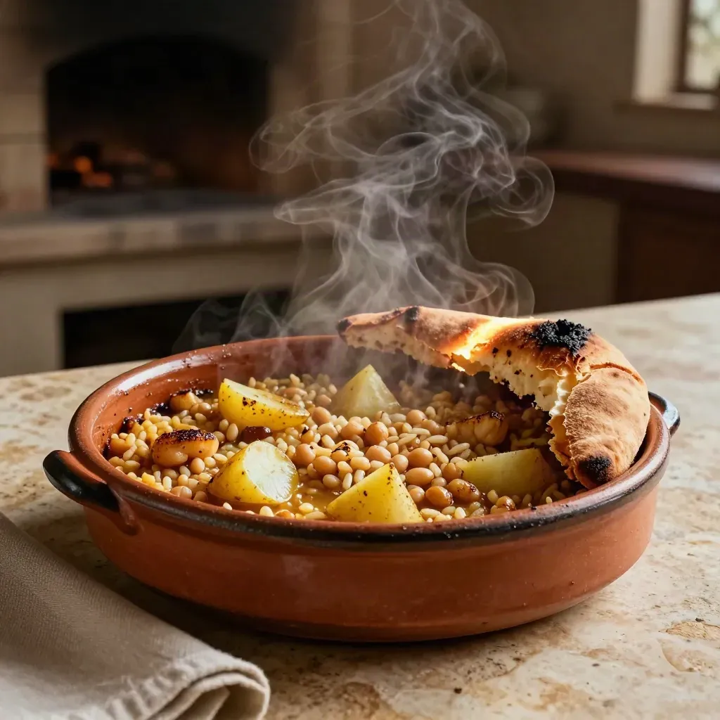 Arroz al horno humeante en cazuela de barro, con costra rota, garbanzos y patata.