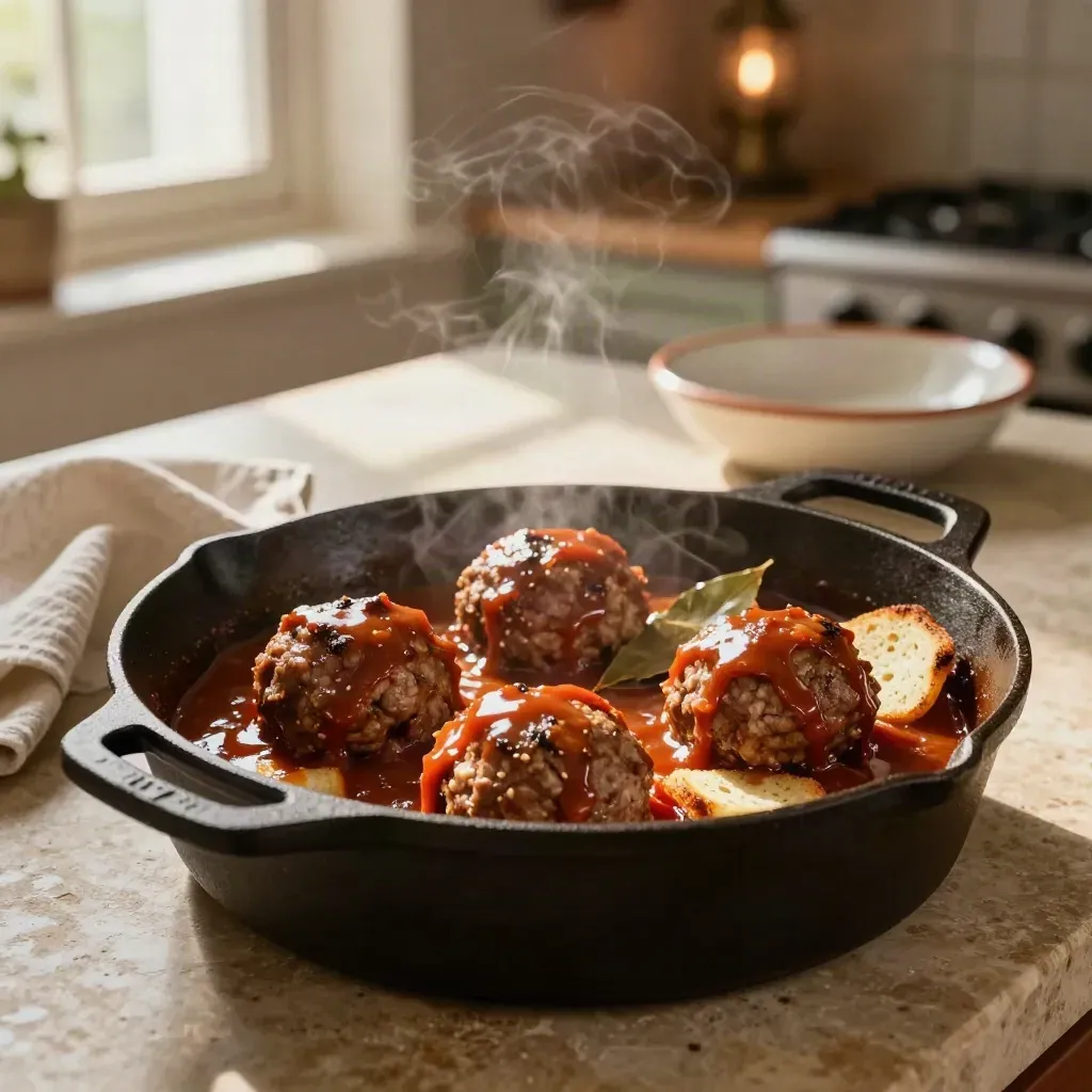 Albóndigas caseras en salsa espesa con pan y laurel, en cazuela baja y luz cálida.