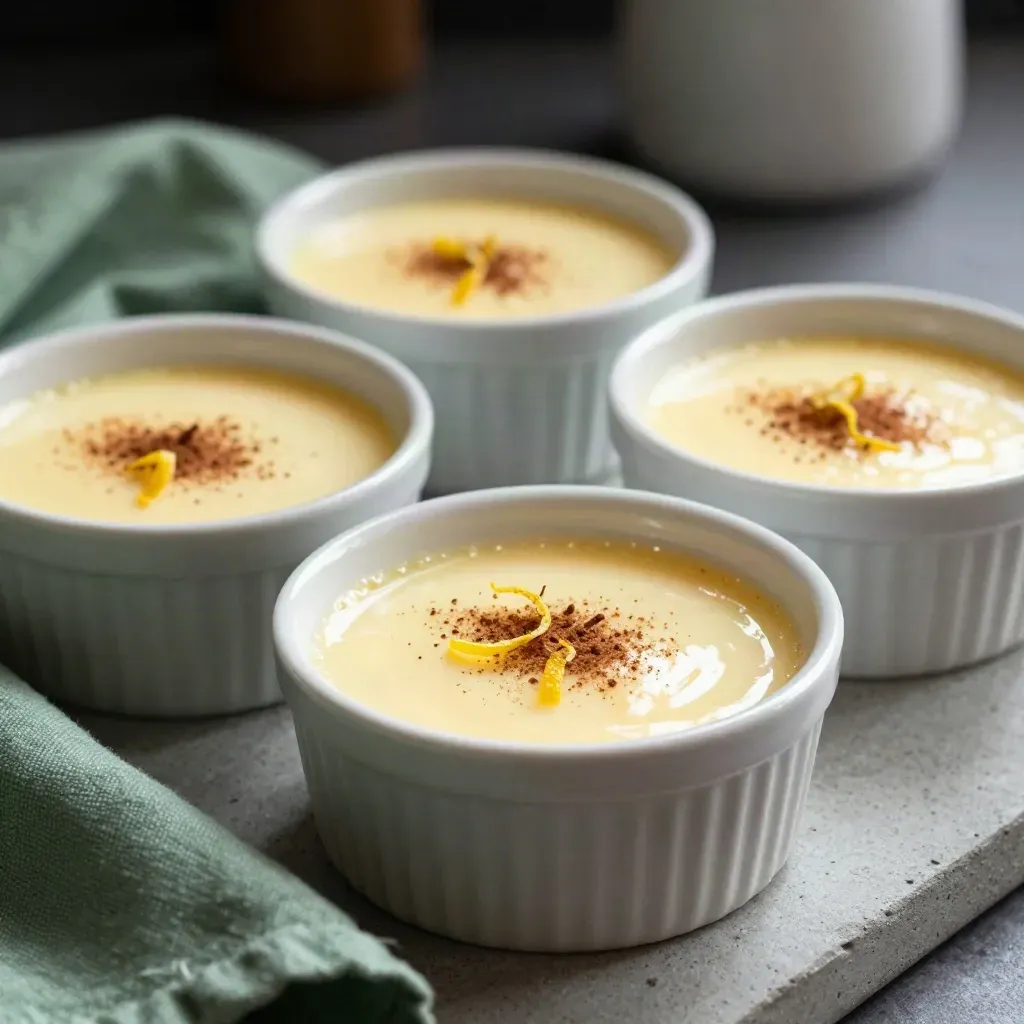Natillas de huevo recién cuajadas en ramequines, con canela y piel de limón.