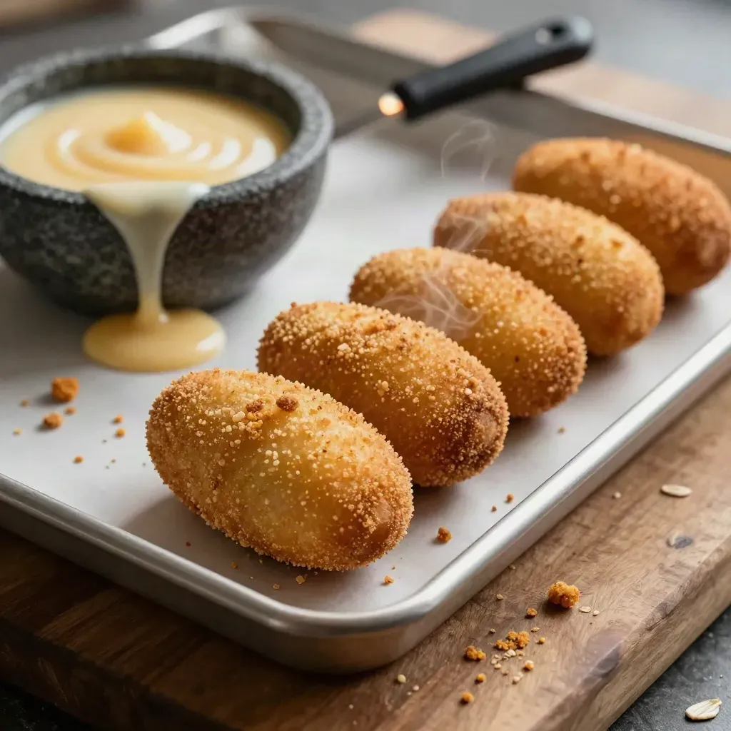 Croquetas caseras en fila, bechamel cremosa y pan rallado sobre bandeja con papel.