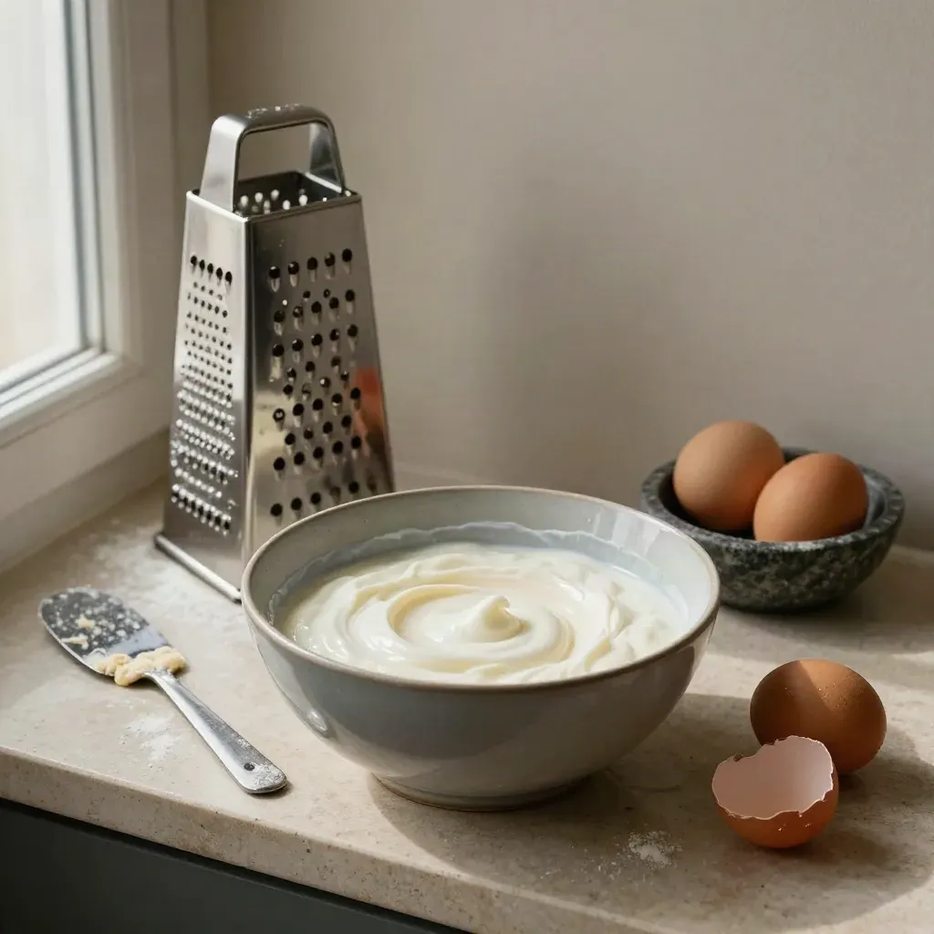 Bol con masa de yogur y huevos, rallador y espátula sobre piedra clara