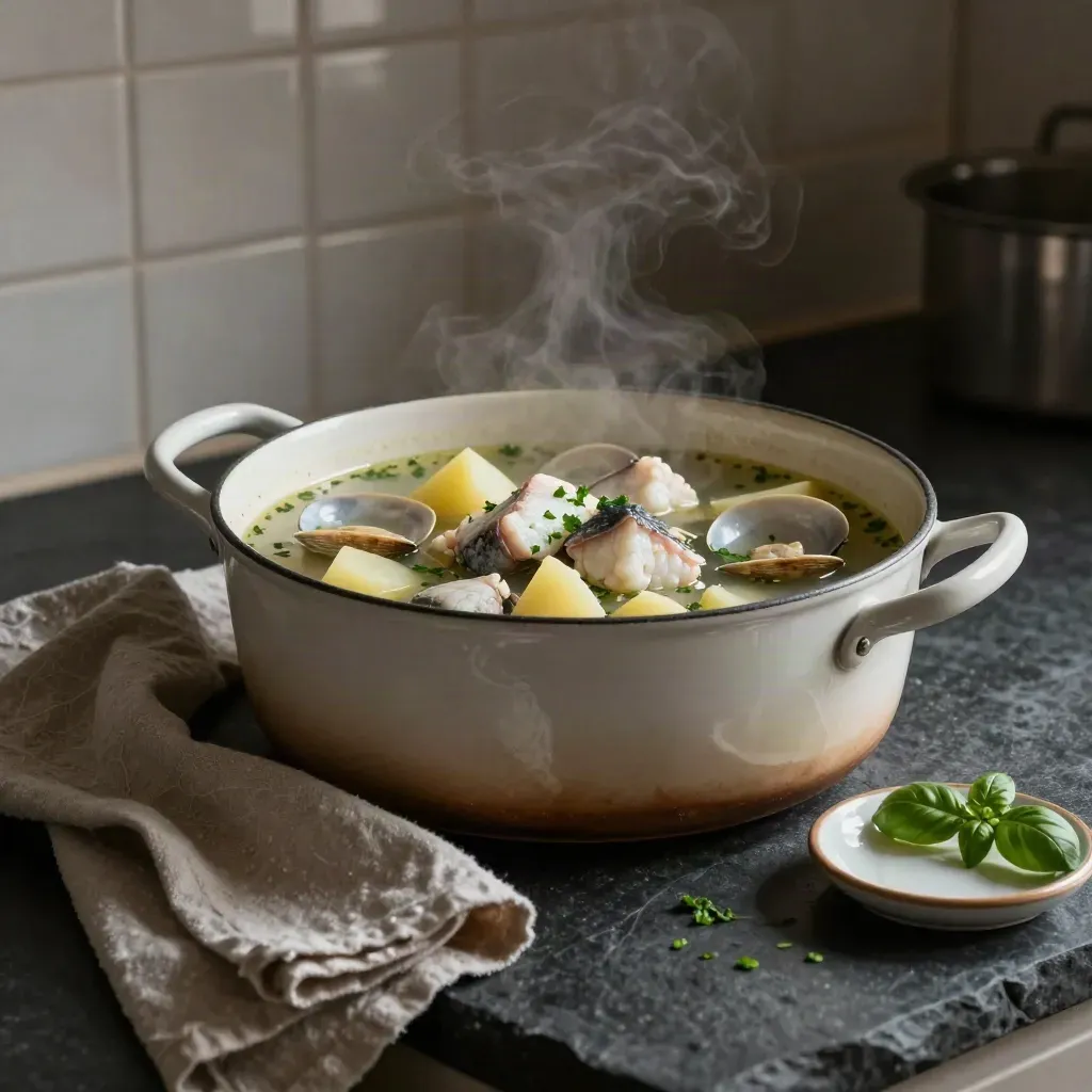 Cazuela esmaltada con caldo de pescado, almejas, patata y perejil en cocina oscura.