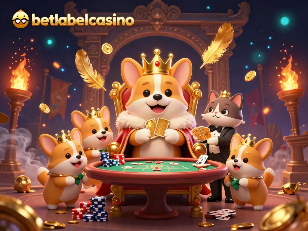 Experience gaming thrills with betlabelcasino featuring regal corgi on poker chip throne.