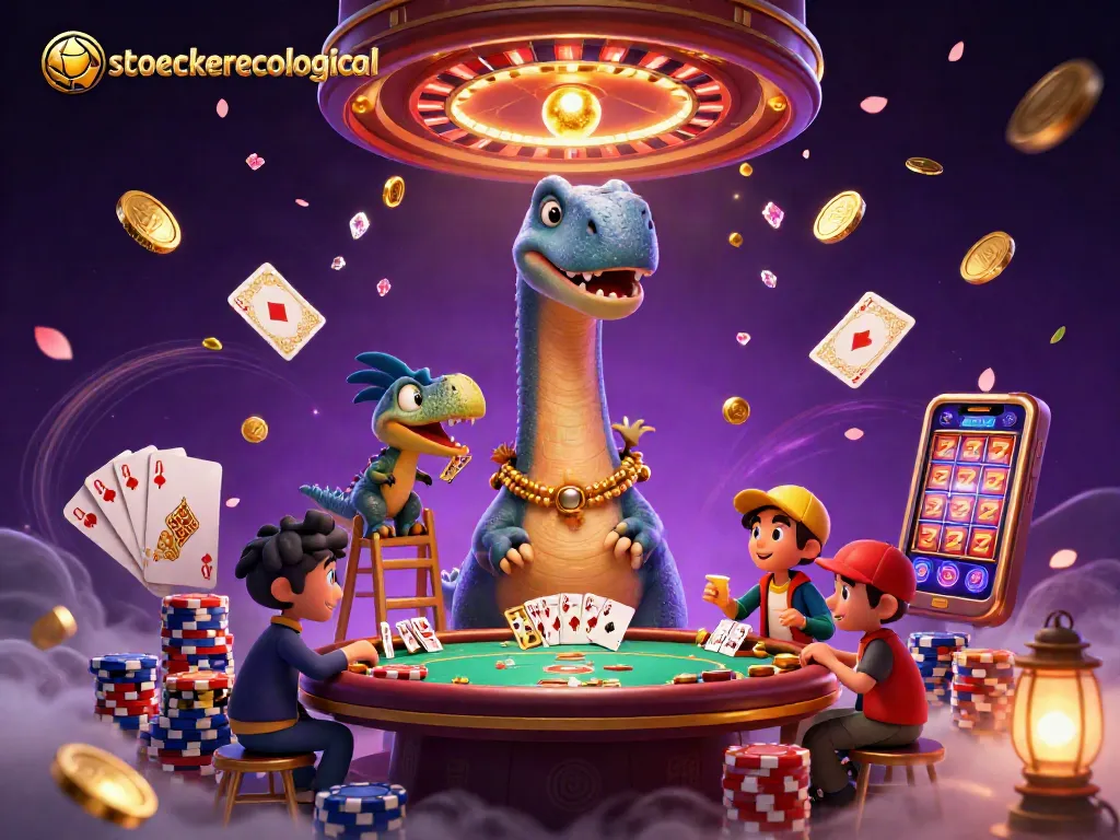 Experience stoeckerecological dynamism in a 3D casino scene with a towering brontosaurus and vibrant gaming elements.